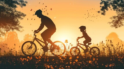 Obraz premium happy family concept, father is teaching his daughter to ride her first bicycle ai generated