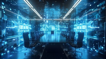 A virtual conference room that utilizes 5G speeds for crystal clear audio and video creating a realistic and smooth virtual meeting experience.