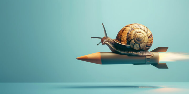 Snail riding missile as speed up concept. AI generative art	
