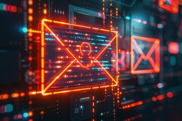 A close-up of a glowing digital envelope representing a phishing email in an inbox, with obscured contents symbolizing unseen cyber threats.