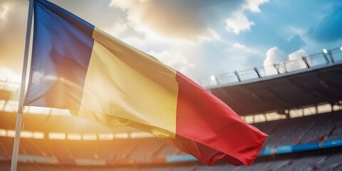 romania flag waving in the wind against a cloudy sky, with a blurred stadium in the background - Powered by Adobe