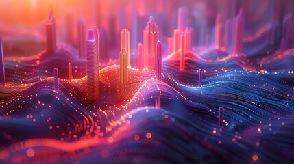 Fototapeta premium It illustrates big data connection technology and an elegant future cityscape with abstract dots connected by colorful lines.