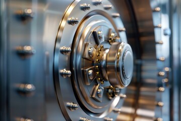 Fototapeta premium A close-up of a large, steel vault door, revealing intricate details of the lock and security mechanisms.