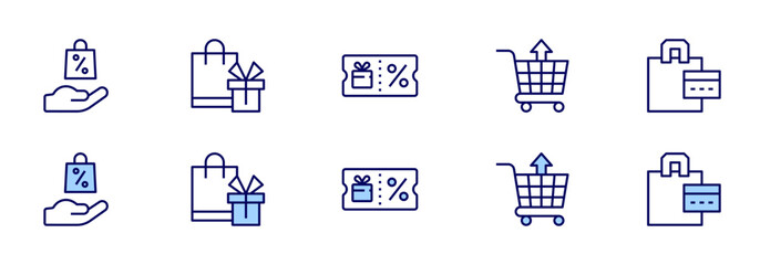 Shopping icons. Duotone style. Line style. Editable stroke. Vector illustration, voucher, shopping bag, shopping cart, shopping.