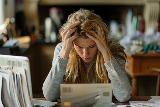 A young woman sits at a desk, her hands on her head, looking at a laptop screen with a panicked expression.