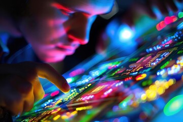 A persons finger is seen tracing across a vibrant, glowing digital surface, their focus intent as they interact with the technology.