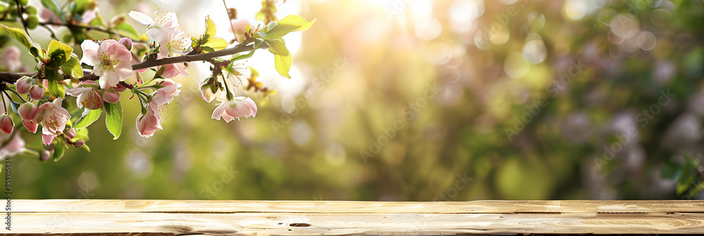 Poster empty wood table top and blurred green tree in the park garden background - can used for display or 