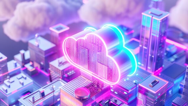 Working Data cloud animation Servers and Supercomputers with Cloud Storage. Internet Artificial intelligence. Technology web background.