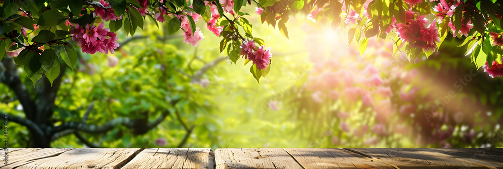 Poster empty wood table top and blurred green tree in the park garden background - can used for display or 