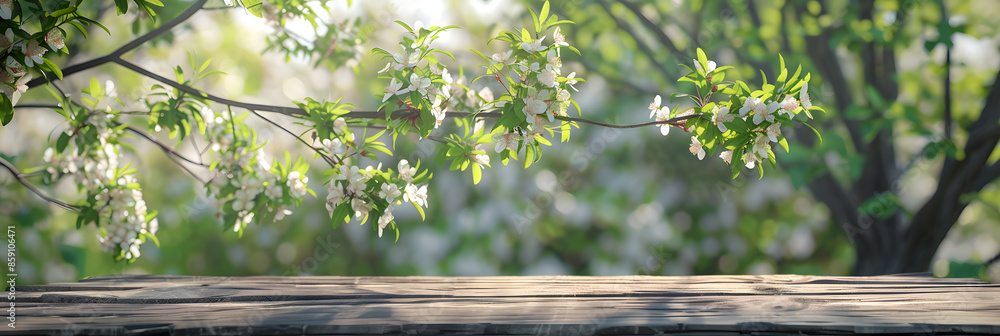 Poster empty wood table top and blurred green tree in the park garden background - can used for display or 