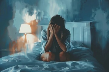 Naklejka premium A woman sits on a bed, her face hidden in her hands, as a dim lamp casts a soft glow on the room.