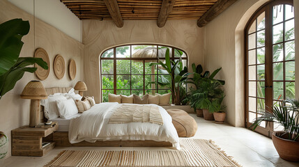 Serene Eco-Friendly Bedroom with Bamboo Furniture and Organic Linens Bathed in Natural Light