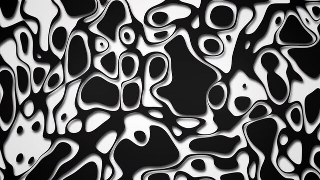 Abstract spots and lines of black paper cut out artistic background animation with complex patterns. Similar to a topographic map with liquid layers. Seamless looping animation
