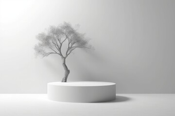 3D White round cylinder podium in dappled sunlight and white decorative tree shadow on white counter by wall background for beauty, fashion, cosmetic product display backdrop. 