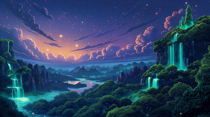 A night landscape carrying the river away among wild hills, forests and mountains with waterfalls