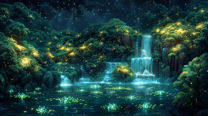 The beauty of the fantasy world under the night sky, bathed by a river and waterfalls