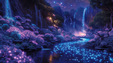 Night neon blooming banks in a gorge of rocky mountains with a river