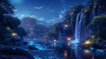 A nighttime landscape of neon wildlife
