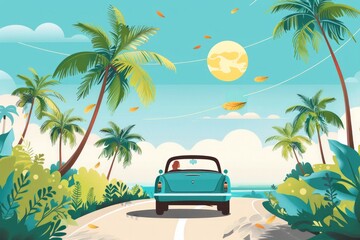 Vintage car drives down sunny coastal road lined with palm trees, perfect for a tropical getaway