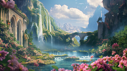 Fantastic landscape with a castle by the river among the mountains