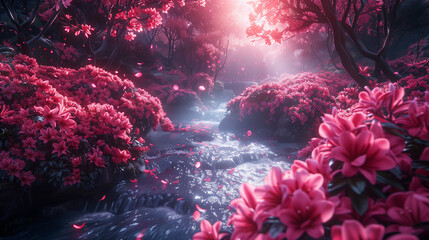 a mountain river with blooming pink banks