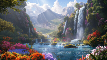 Mountain slopes framing a river and a flowering meadow