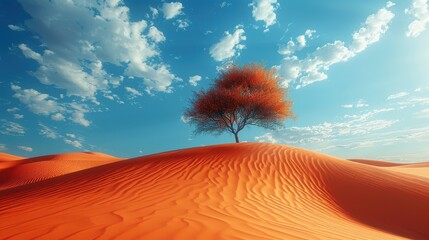 A solitary tree with orange leaves stands on a sandy orange dune under a bright blue sky with white clouds, representing resilience and solitude in nature.