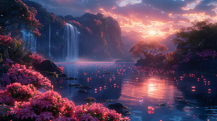 Water surface with flower petals on the background of steep cliffs in the sunset rays