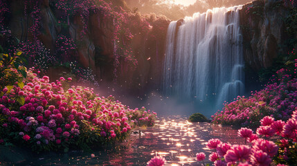Refreshing waterfall and flowering meadows in the sunset rays
