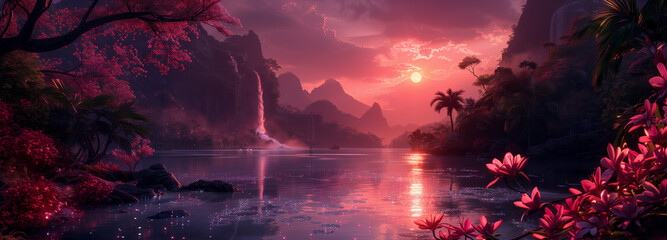 The river valley in the midst of the mountains in the light of sunset