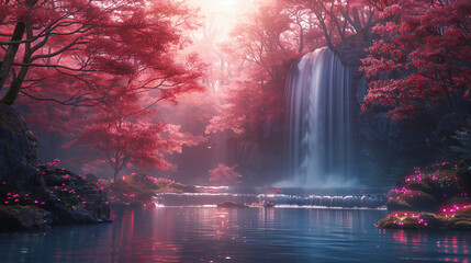 Paradise with a refreshing waterfall amidst flowering plants
