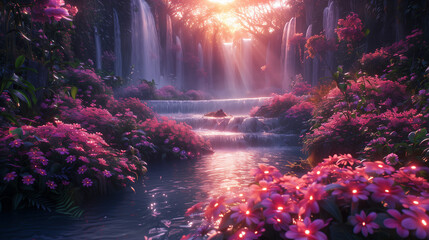 Waterfalls and flower meadows in the evening light