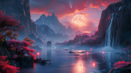 Mystical sunset landscape, the river running away under the light of the moon.