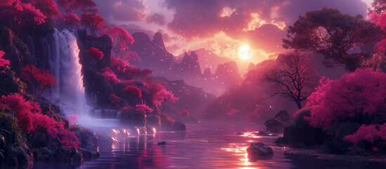 A paradise waterfall in a flowering valley going off into the distance under the sunset rays