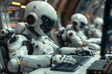 Fototapeta premium Robots working in factory with laptops