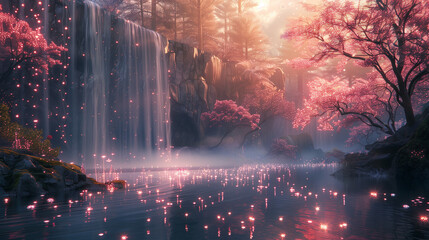 A pink paradise with bioluminescent plants and the last rays of sunshine