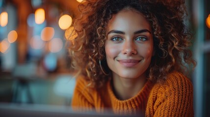 A woman with curly hair and a warm smile enjoys a cozy ambiance in a brightly lit cafe, radiating joy and warmth, perfect for lifestyle and candid photos.