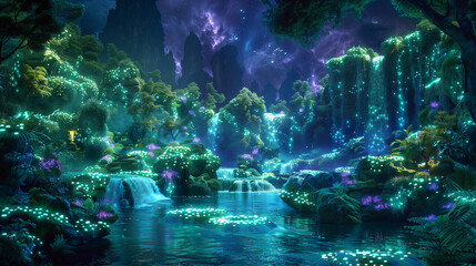 The beauty of the fantasy world under the night sky, bathed by a river and waterfalls