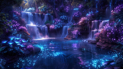 Fantasy nature with river and waterfall night and moonlight