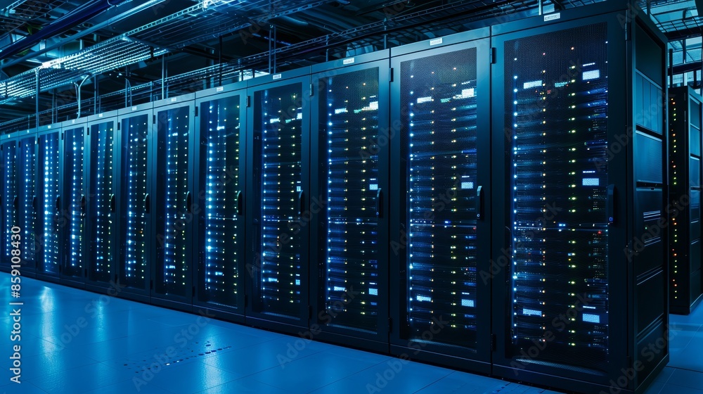 Poster a row of server racks in a data center, illuminated by blue lights. the image showcases the complexi
