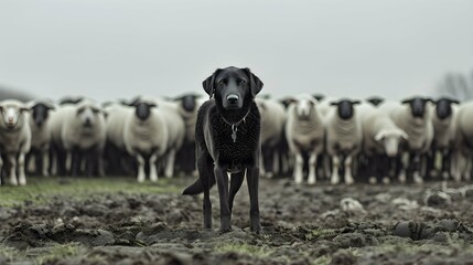 black dog standing in front of a herd of white sheep