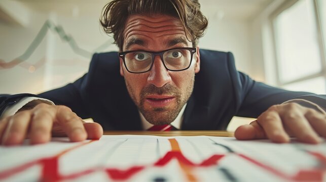 A businessman with a worried expression looks up from his desk,  surrounded by graphs and charts.