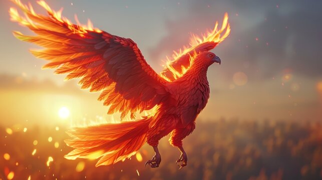 Abstract 3d phoenix bird fantasy illustration with golden wings and red feathers on fire background