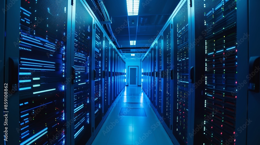 Aufkleber a futuristic server room with rows of glowing servers, lit by blue lights. the image conveys a sense