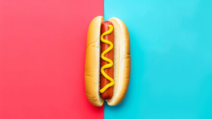 Delicious aesthetic hot dog in bun with mustard, copy space. Split blue and red background. Street food. Generative AI