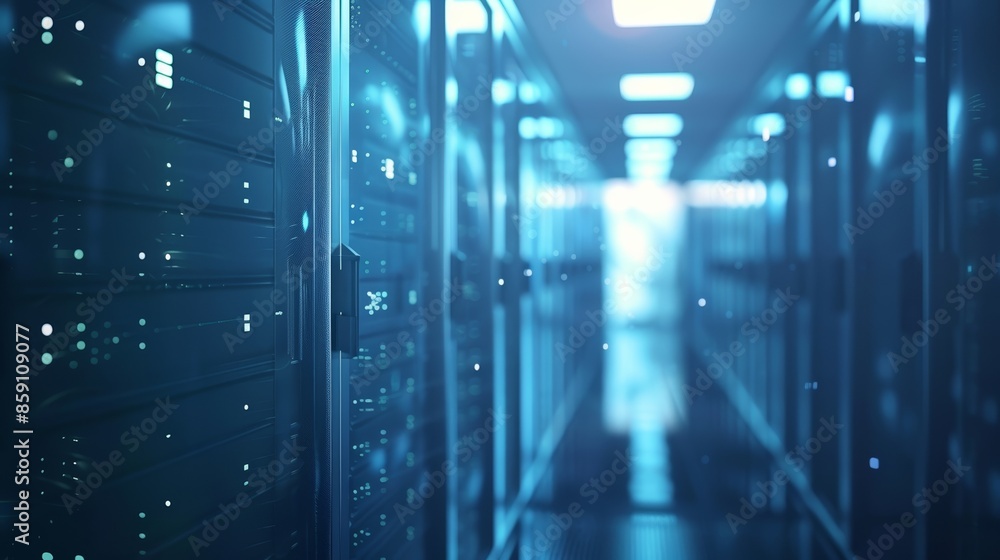 Poster a modern server room with rows of servers and blue lighting. the hallway is empty and the servers ar