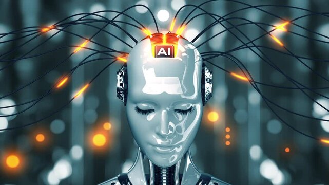 Uploading information into the brain of an artificial intelligence robot. 3d animation. 4k.