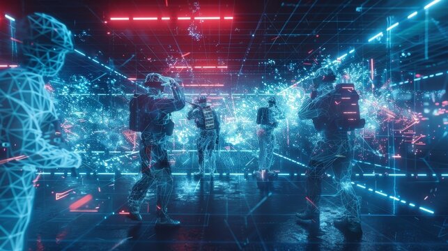 Players in a WWII VR game huddle behind virtual bunkers strategizing and coordinating attacks against the enemy in a thrilling battle.