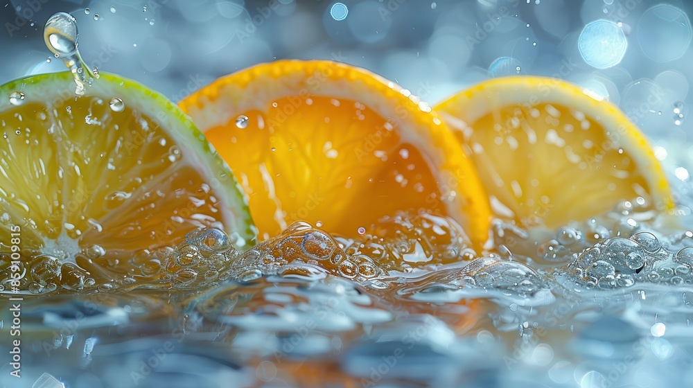 Poster vibrant image showing orange and lime slices with water splashes, emphasizing freshness and juicines