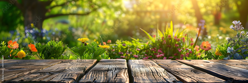 Poster empty wood table top and blurred green tree in the park garden background - can used for display or 